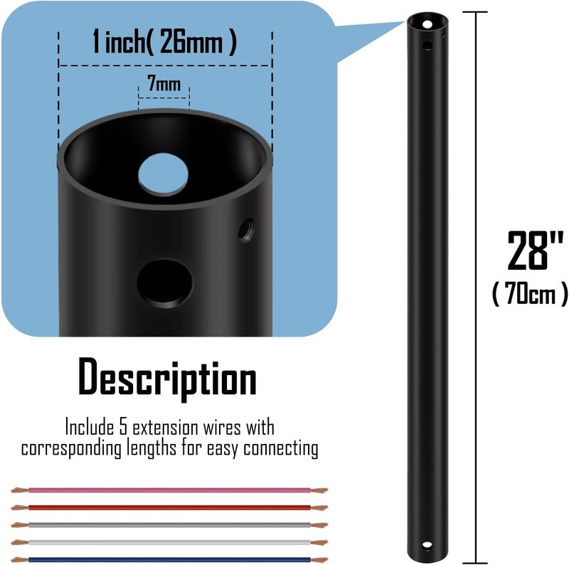 zsvicka 28 inch Ceiling Fan Downrod, Black Downrod for Ceiling Fans with lights, Extension Downrod with Wires, 1 inch Outside Diameter, Ceiling Fans and Accessories Replacement Parts, No Threaded, Black - Image 2